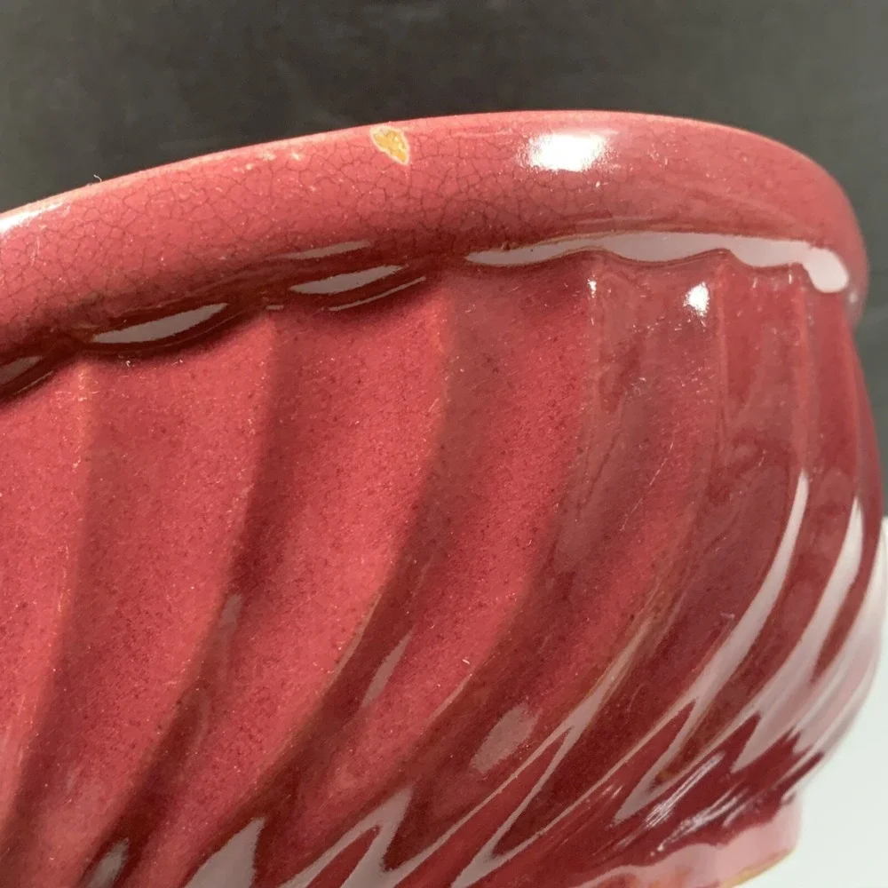 Vintage Bean Pot Casserole Dish Lidded Red Swirl Pottery USA Oven Ware Rustic